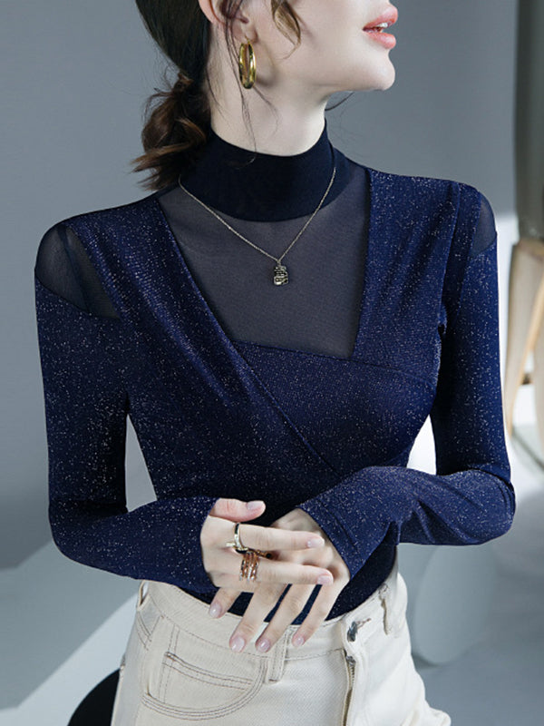 Blouses à manches longues, moulantes, asymétriques, en maille transparente brillante, fendues, à col roulé court