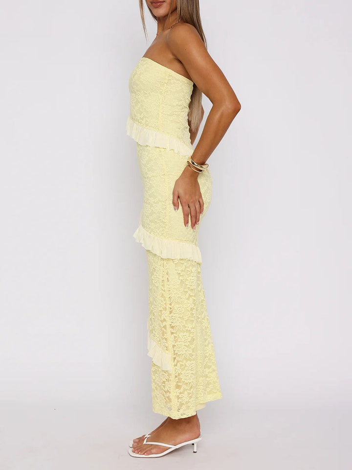 Robe mi-longue moulante volantée coupe trapèze, à empiècements, bustier, couleur unie