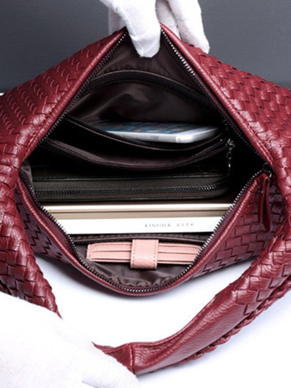Sac à main géométrique tressé à empiècements, à fermeture éclair, couleur unie