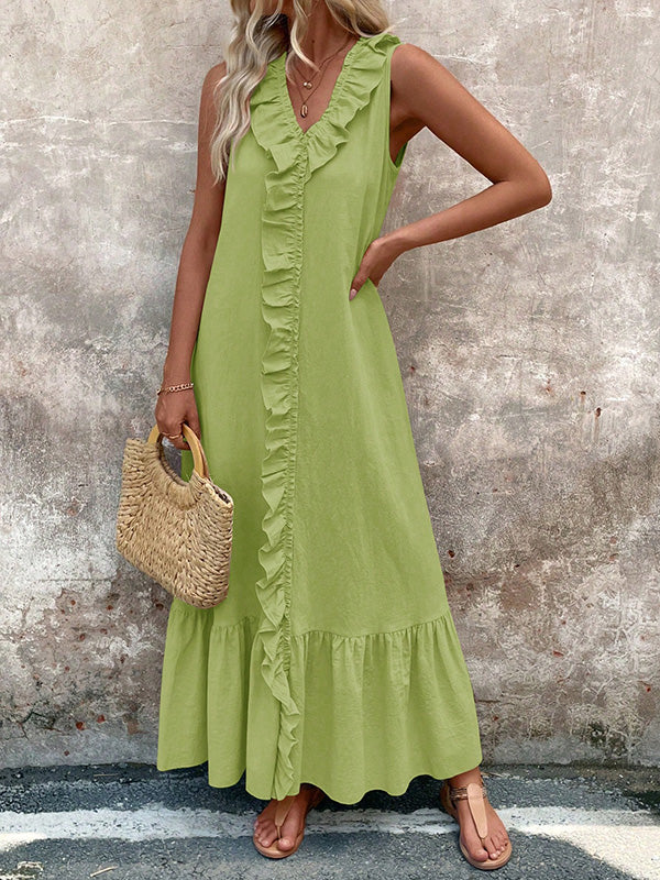 Robe longue ample plissée coupe trapèze, à bordure volantée, à col en V, couleur unie