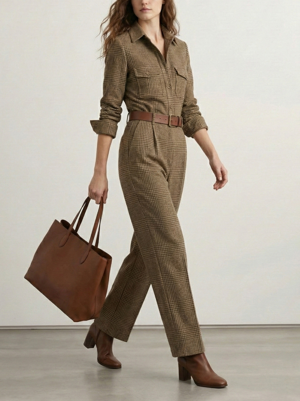 Combinaison plissée taille haute, à manches longues, sans ceinture, à carreaux, à poches, à col revers