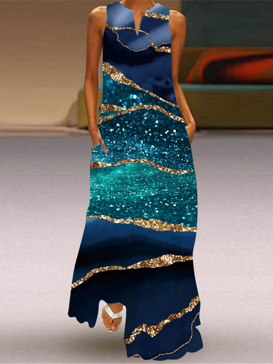 Robe longue ample imprimée coupe trapèze, à poches, à empiècements, à col en V, couleur contrastée
