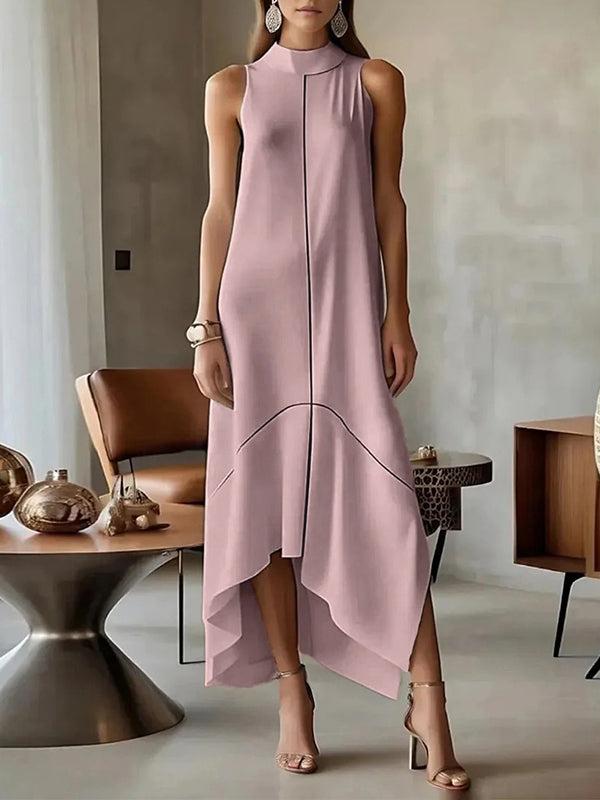 Robe longue fendue sur le côté sans manches, à empiècements, à col haut