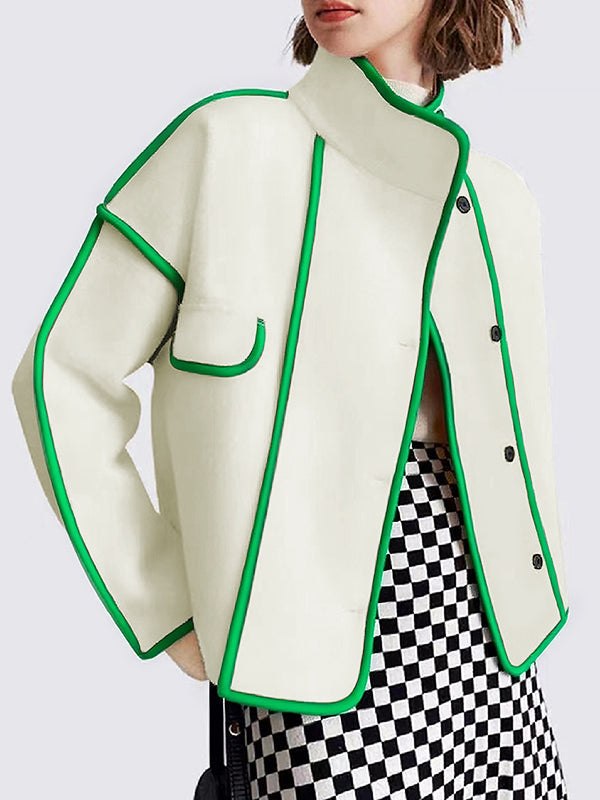 Manteau en laine ample boutonné à manches longues, à poches, à empiècements, à col montant, couleur contrastée
