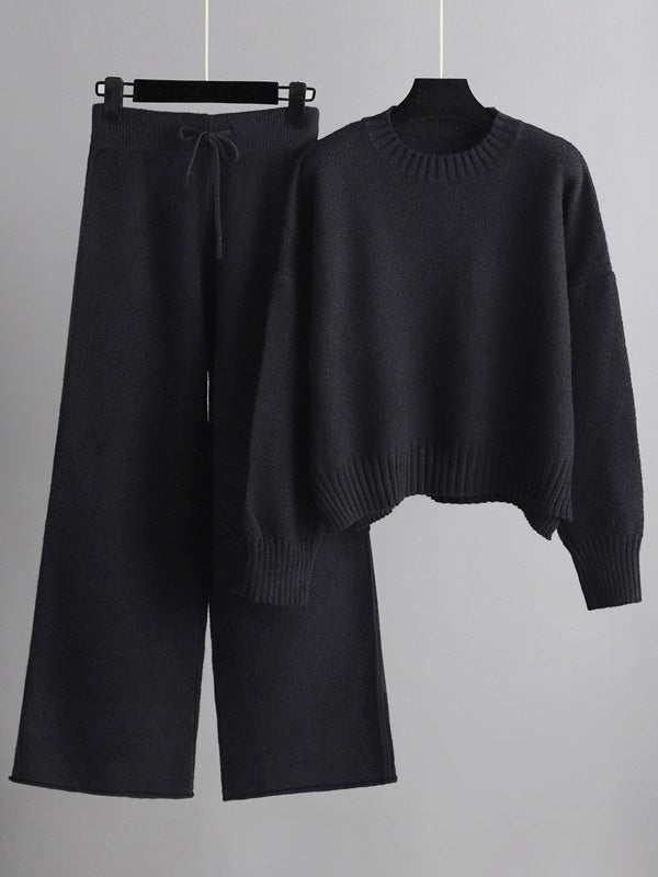 Ensemble deux pièces élégant ample à ourlet plongeant, à manches longues, à col rond, à jambes larges, couleur unie – pull + pantalon