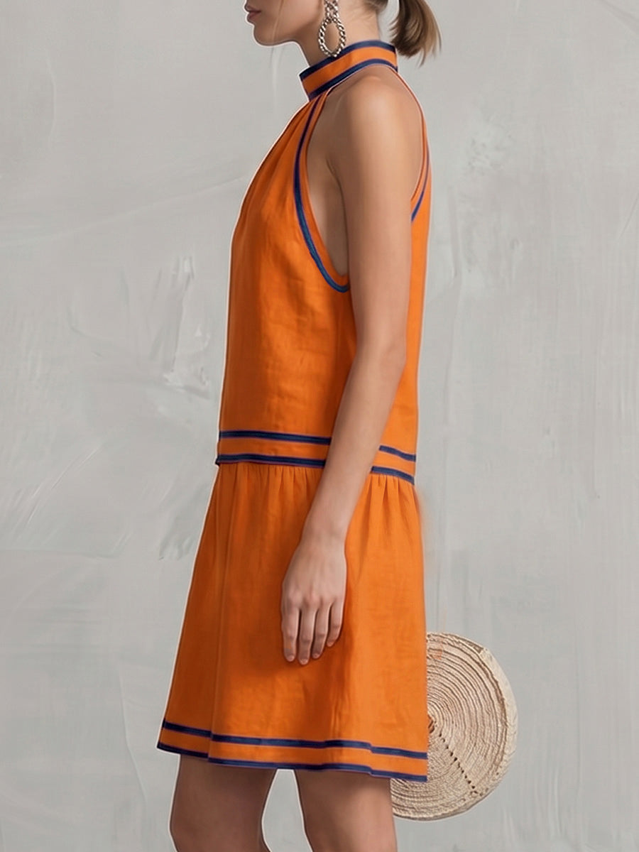 Robe courte sans manches, à poches, à fermeture éclair, à col licou, couleur contrastée