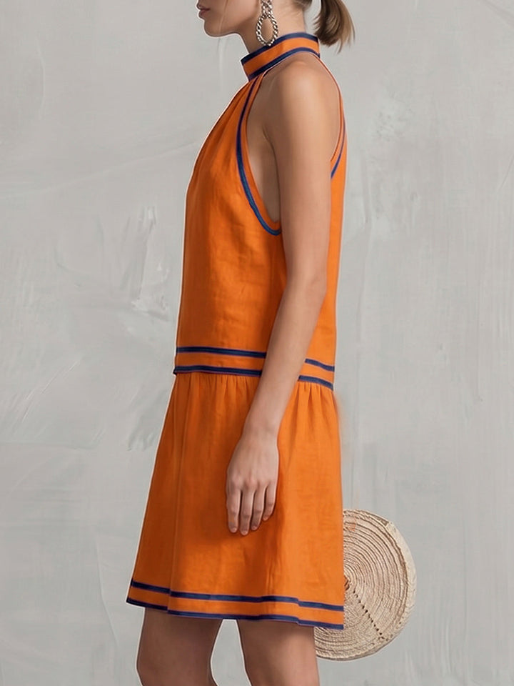 Robe courte sans manches, à poches, à fermeture éclair, à col licou, couleur contrastée