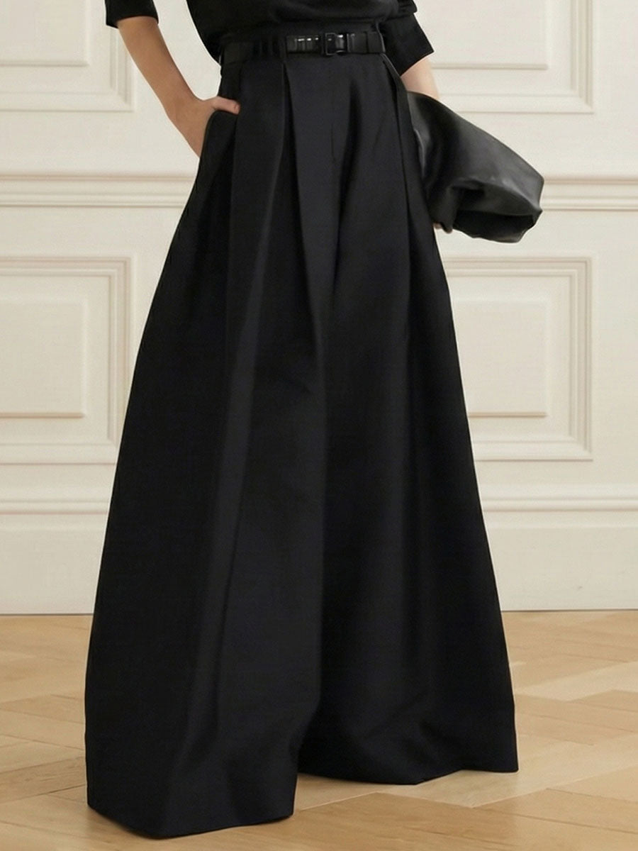 Pantalon élégant ample taille haute, à jambes larges, couleur unie