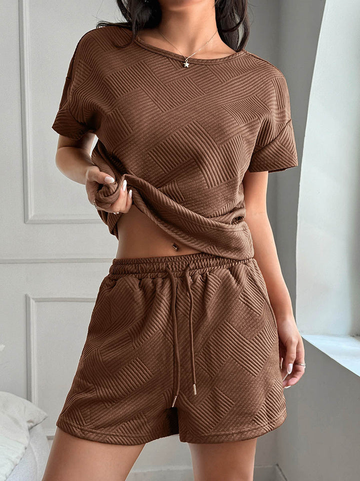 Ensemble deux pièces ample à col rond, à manches courtes, en jacquard, à poches, à taille nouée, couleur unie – t-shirt + short