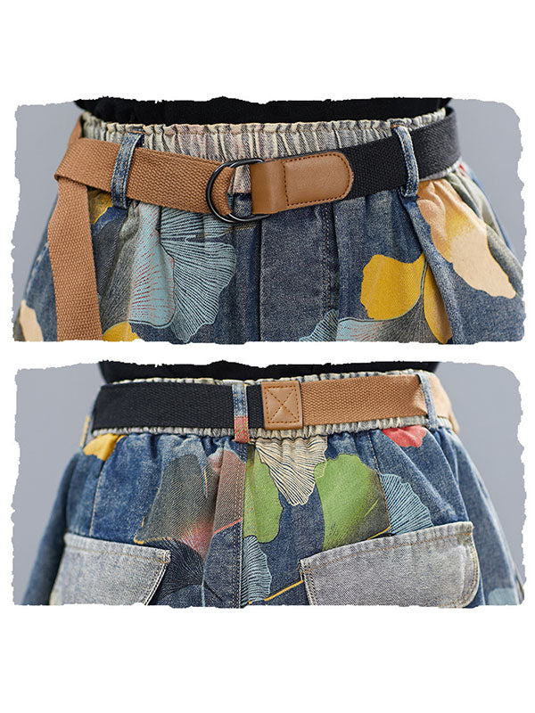 Short à fleurs, à jambes larges, en jean