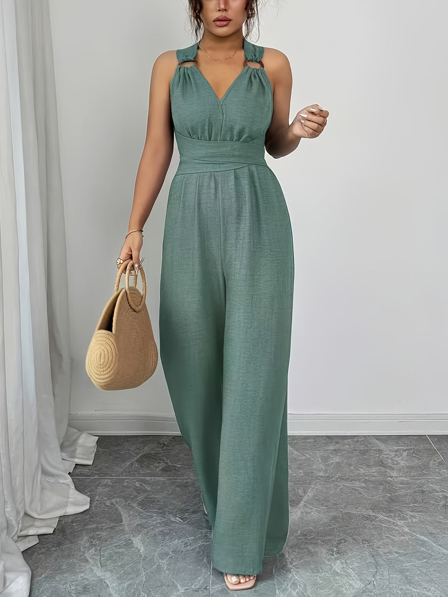Combinaison nouée taille haute, sans manches, dos nu, à fines bretelles, couleur unie