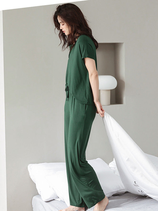 T-shirt décontracté à manches courtes, col en V, couleur unie – Ensemble pantalon et pyjama Rawstring