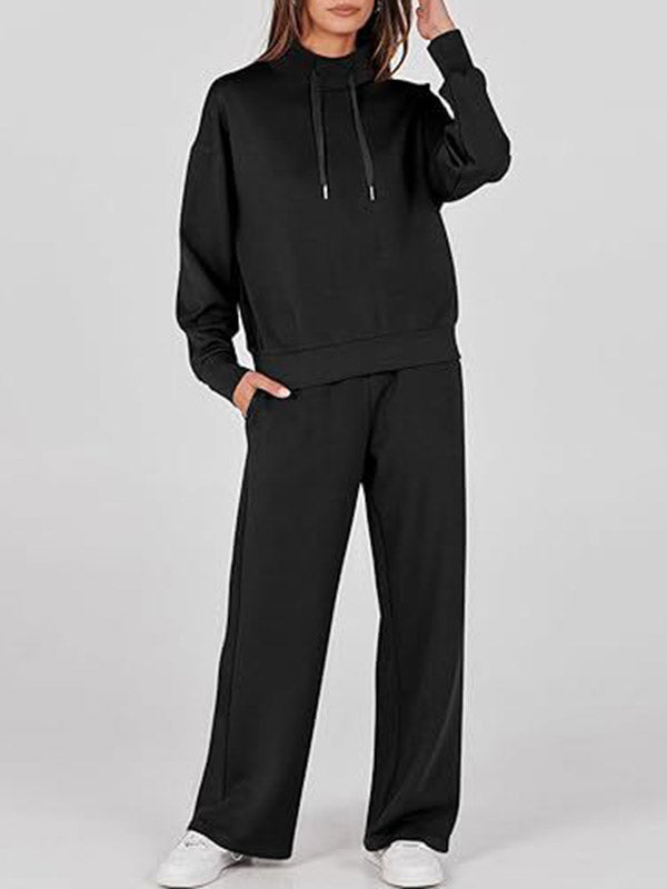 Ensemble deux pièces taille haute, manches longues, cordon de serrage, sweat-shirt fendu + pantalon/pantalon