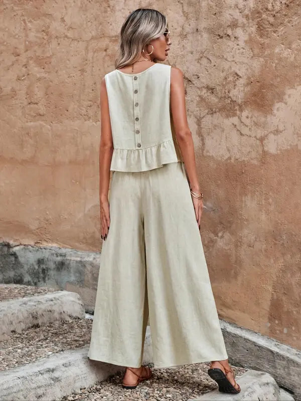 Lotte | Ensemble Femme Top à Volants Boutons au Dos Pantalon Large