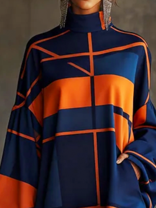 Robe courte ample plissée à manches longues, à poches, à empiècements, à fermeture éclair, à col haut, couleur contrastée