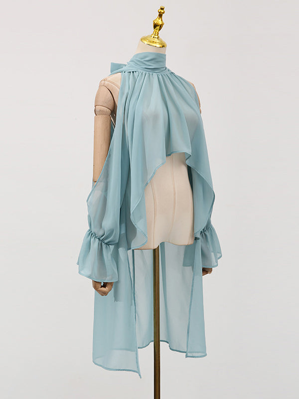 Chemisier ajouré plissé à ourlet plongeant, à manches longues, à taille élastique, à col cheminée, couleur unie
