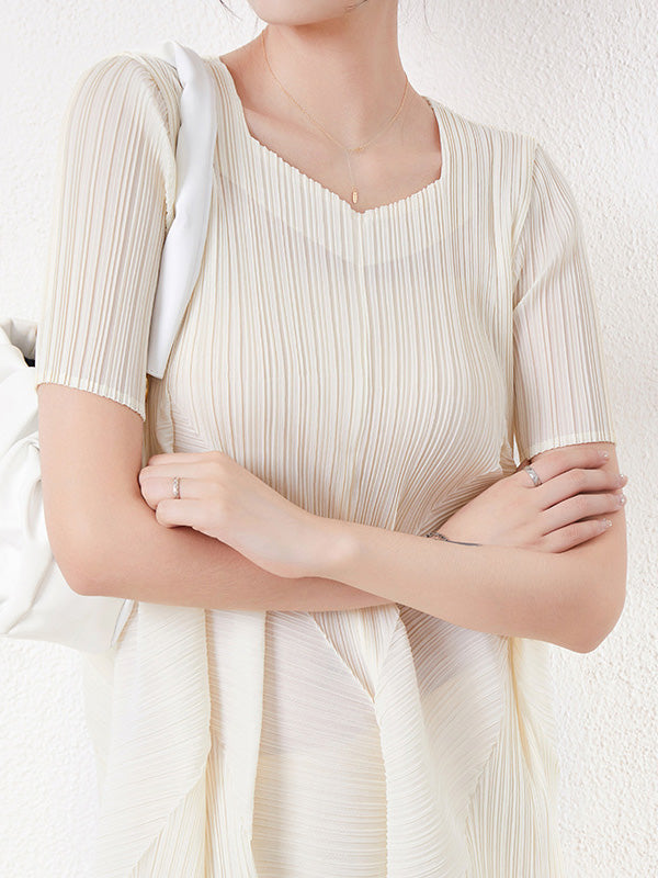 Robe mi-longue décontractée plissée à manches courtes, à col rond, couleur unie