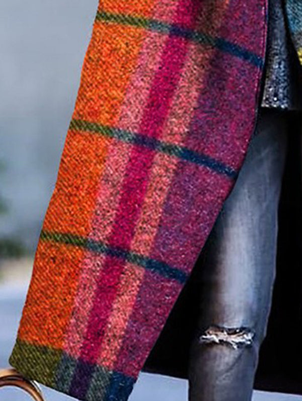 Coupe-vent ample à manches trois-quarts, couleur contrastée, carreaux à revers fendus, manteau en laine