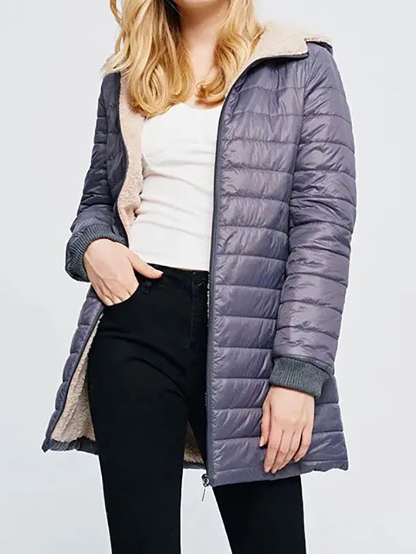 Manteau chaud matelassé à manches longues, à poches, en velours, à fermeture éclair, à capuche