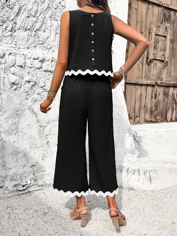 Ensemble deux pièces ample boutonné sans manches, à empiècements, couleur contrastée – débardeur + bas