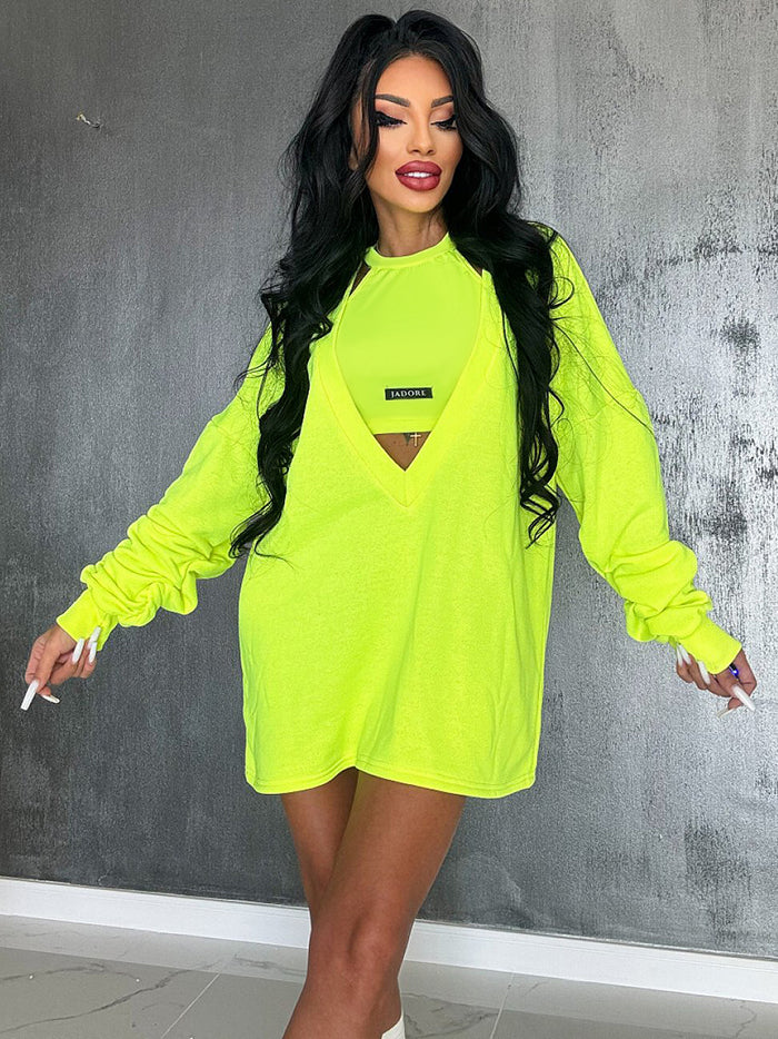 Ensemble deux pièces ample à col rond, couleur unie – robe courte + débardeur