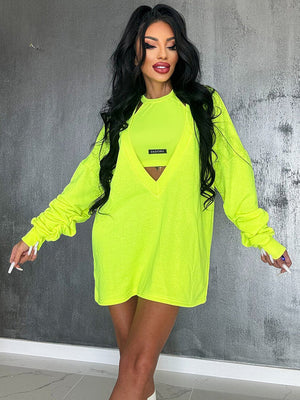 Ensemble deux pièces ample à col rond, couleur unie – robe courte + débardeur