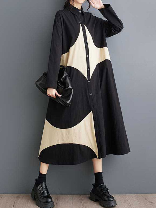 Robe chemise boutonnée imprimée coupe trapèze, à manches longues, à poches, à col revers