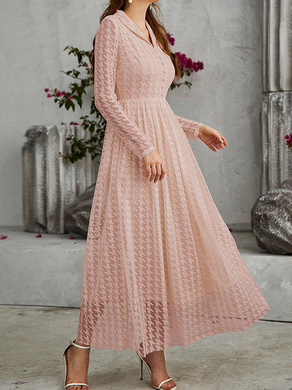Robe longue boutonnée transparente taille haute, à manches longues, en gaze, à col en V, couleur unie