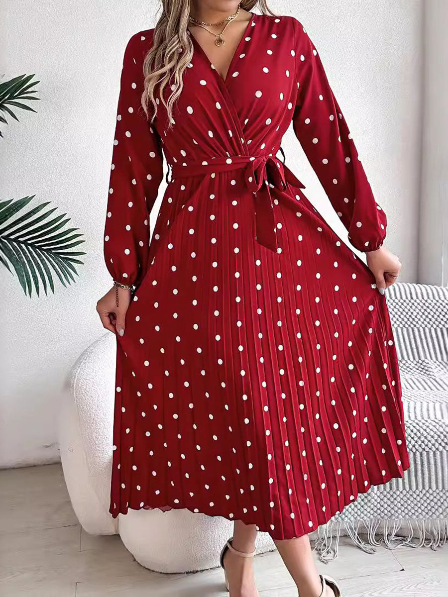 Robe chemise plissée taille haute, à manches longues, à pois, à taille nouée, à col en V