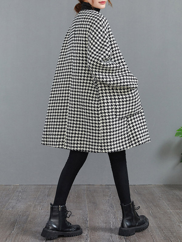 Manteau en laine ample boutonné à motif pied-de-poule, à col rond, à manches longues