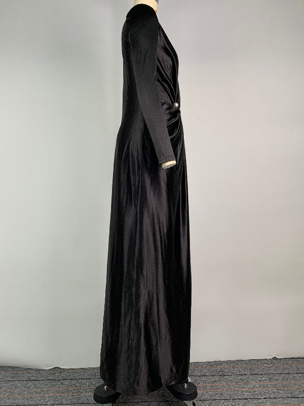 Robe longue moulante plissée fendue devant à manches longues, à taille nouée, à décolleté en V profond, couleur unie