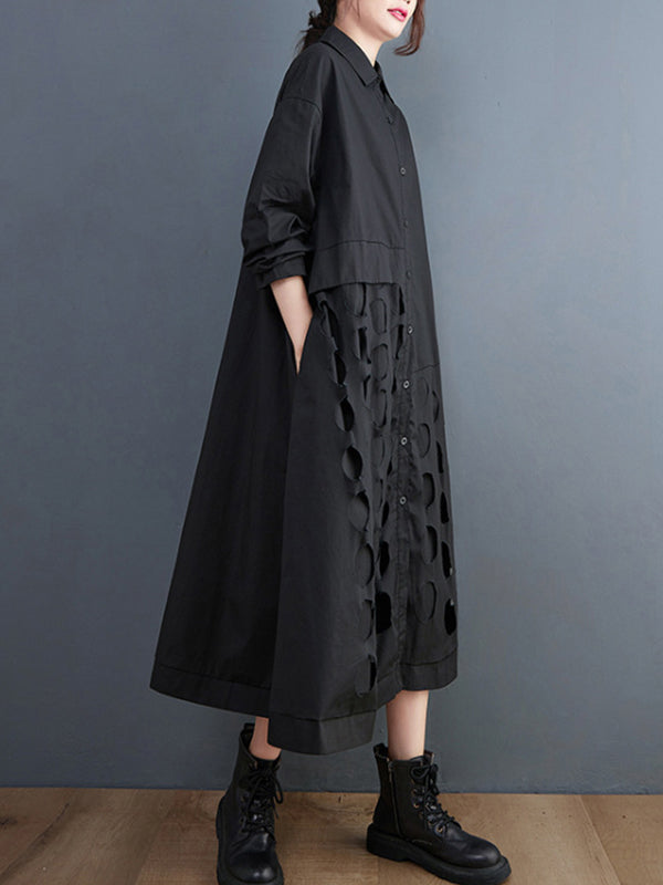 Robe mi-longue asymétrique ajourée coupe trapèze, à manches longues, à pois, à col revers, couleur unie