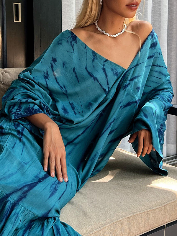 Robe longue imprimée ample à empiècements, à manches raglan, à col en V