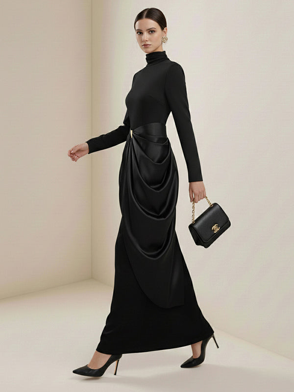 Robe de soirée longue drapée à manches longues, à boucle, à col haut