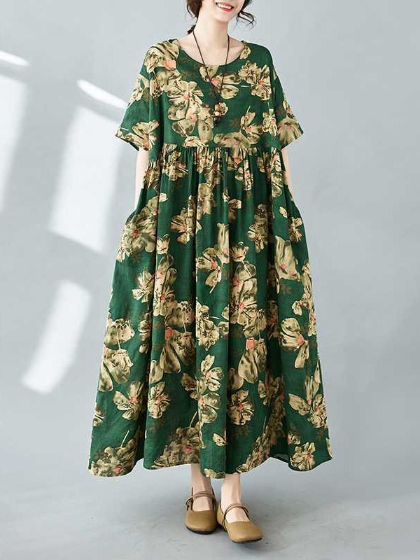 Robe mi-longue ample plissée à manches mi-longues, à imprimé floral, à poches, à col rond