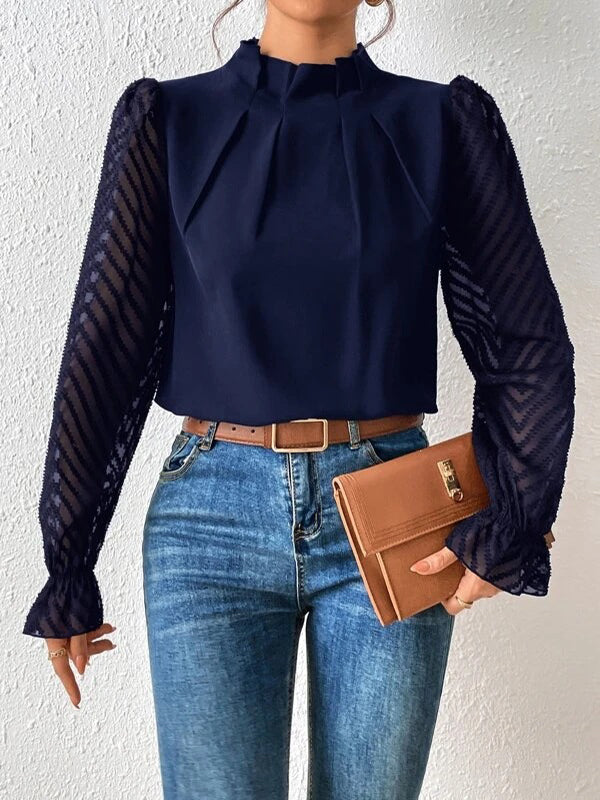 Chemisier ample plissé à manches longues, à taille élastique, en résille, à col cheminée, couleur unie