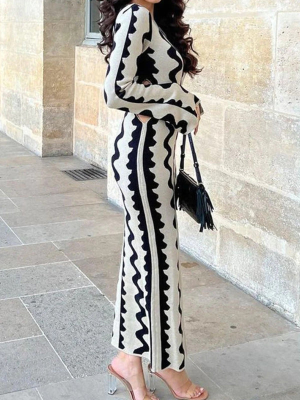 Robe longue ajourée imprimée taille haute, à manches longues, à col rond
