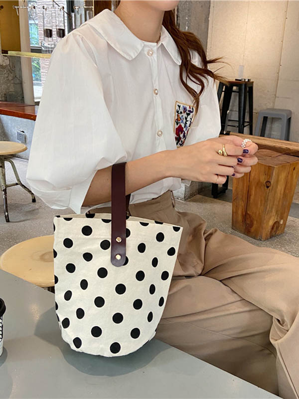 Sac seau de sac fourre-tout de maquillage imprimé à pois en toile vintage