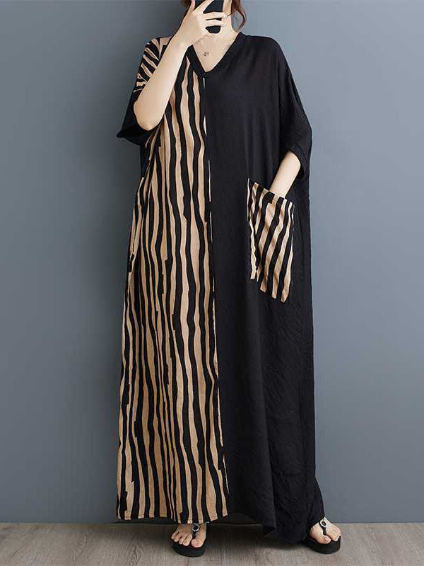 Robe longue rayée coupe trapèze, à manches chauve-souris, à poches, à empiècements, à col en V, couleur contrastée