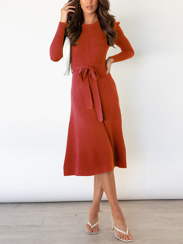 Robe pull taille haute, à manches longues, à taille nouée, à col rond, couleur unie