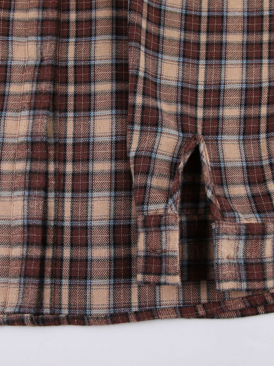 Chemisiers à manches longues amples, boutonnés, à carreaux contrastés et à revers fendus – Chemises Hauts Vêtements d'extérieur