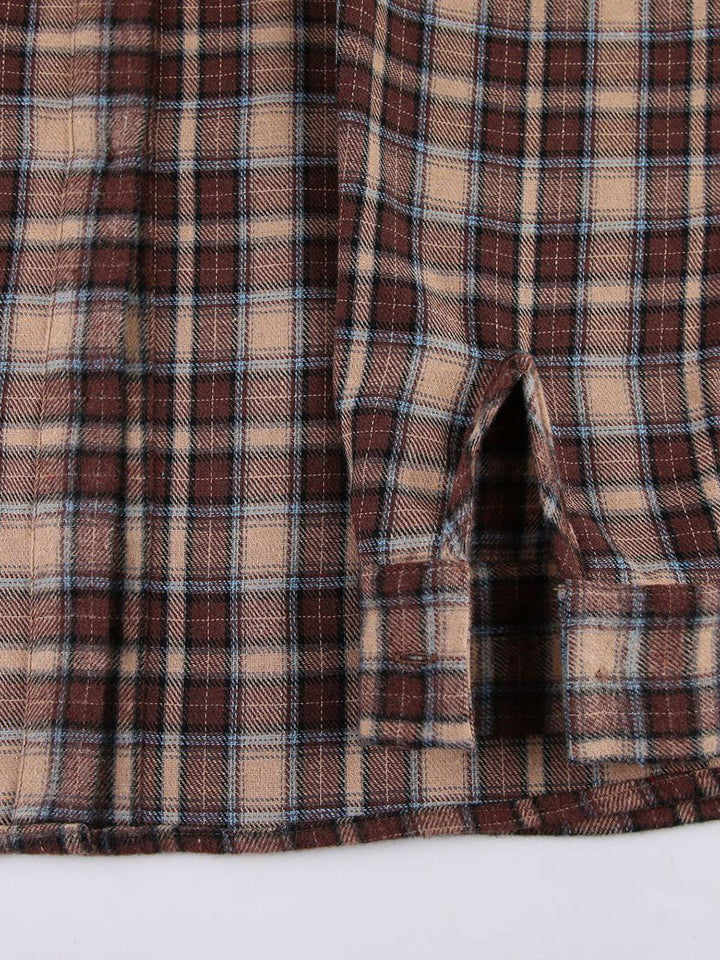Chemisiers à manches longues amples, boutonnés, à carreaux contrastés et à revers fendus – Chemises Hauts Vêtements d'extérieur