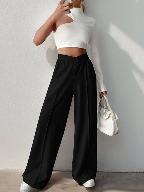 Pantalon ample taille haute, à taille élastique, couleur unie