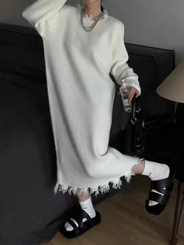 Robe pull taille haute, à manches longues, à franges, à col rond, couleur unie