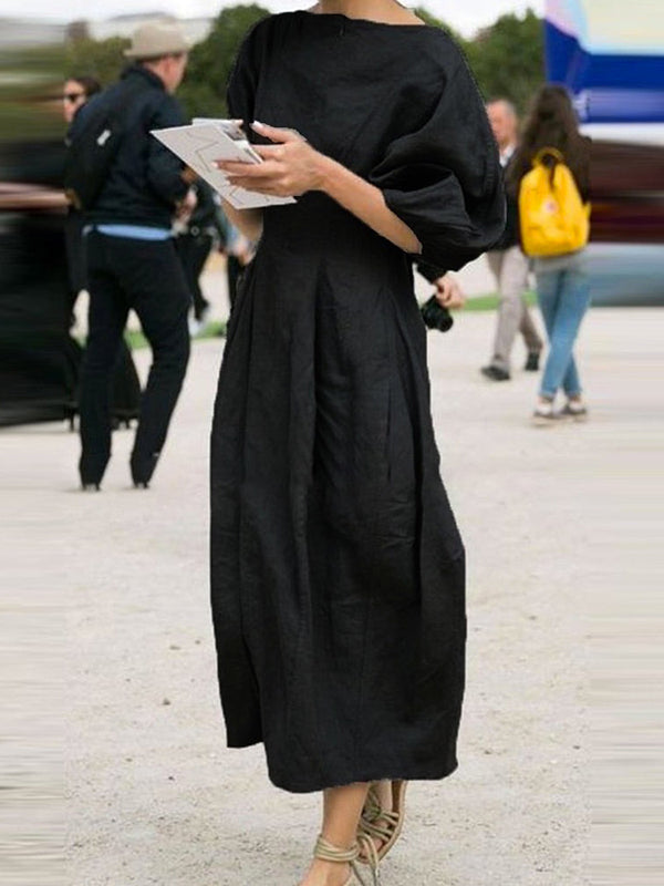 Robe longue ample à manches mi-longues, à col rond, couleur unie