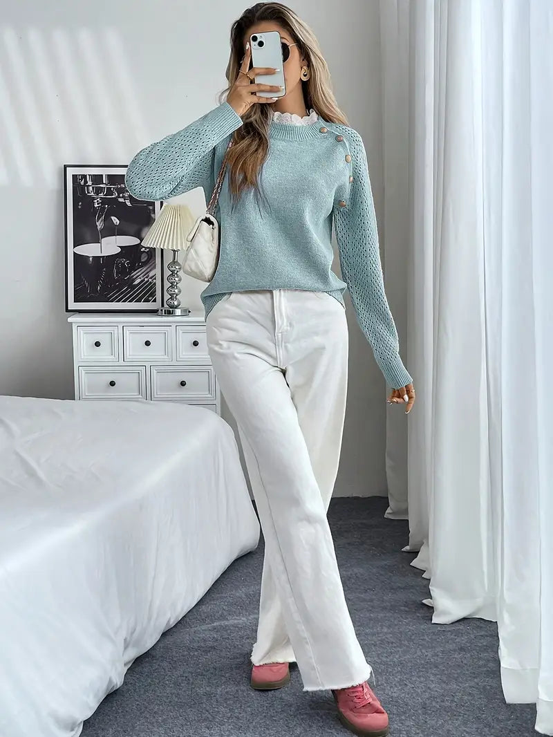 Crelace™ -  Pull Tricoté Élégant avec Dentelle et Col Rond