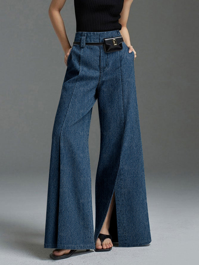 Pantalon fendu devant à jambes larges, sans ceinture, couleur unie