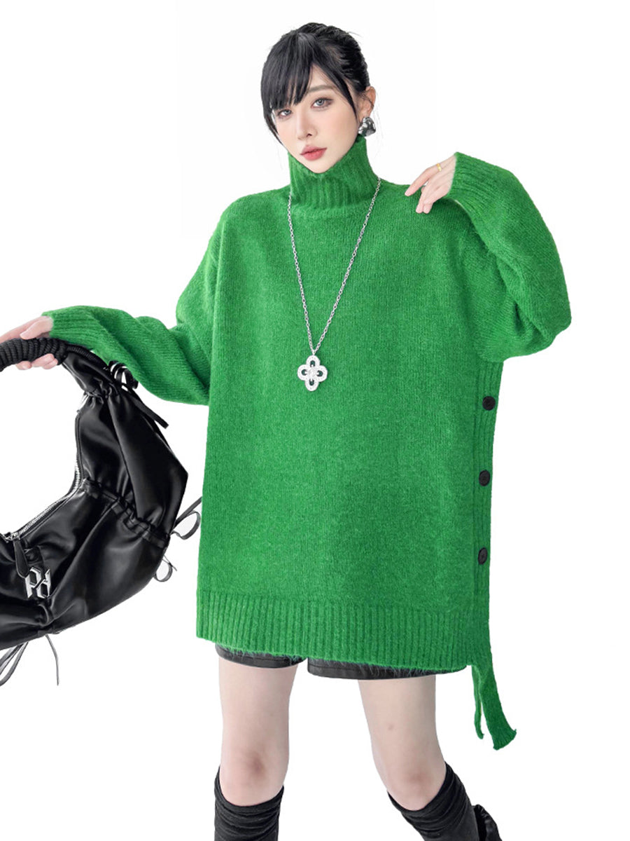 Irrégularité Manches Longues Côtes Boutonnées Couleur Unie Joint Fendu Col Haut Pull Hauts