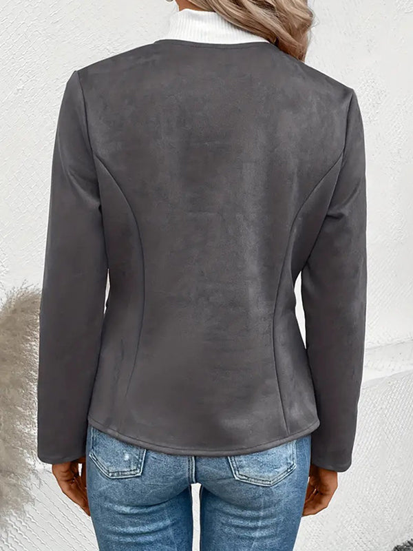 Veste ample à manches longues, à poches, à empiècements, à fermeture éclair, à col rond, couleur unie