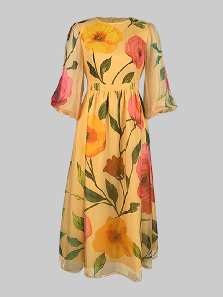 Robe mi-longue transparente ample à imprimé floral, à manches bouffantes, à col rond